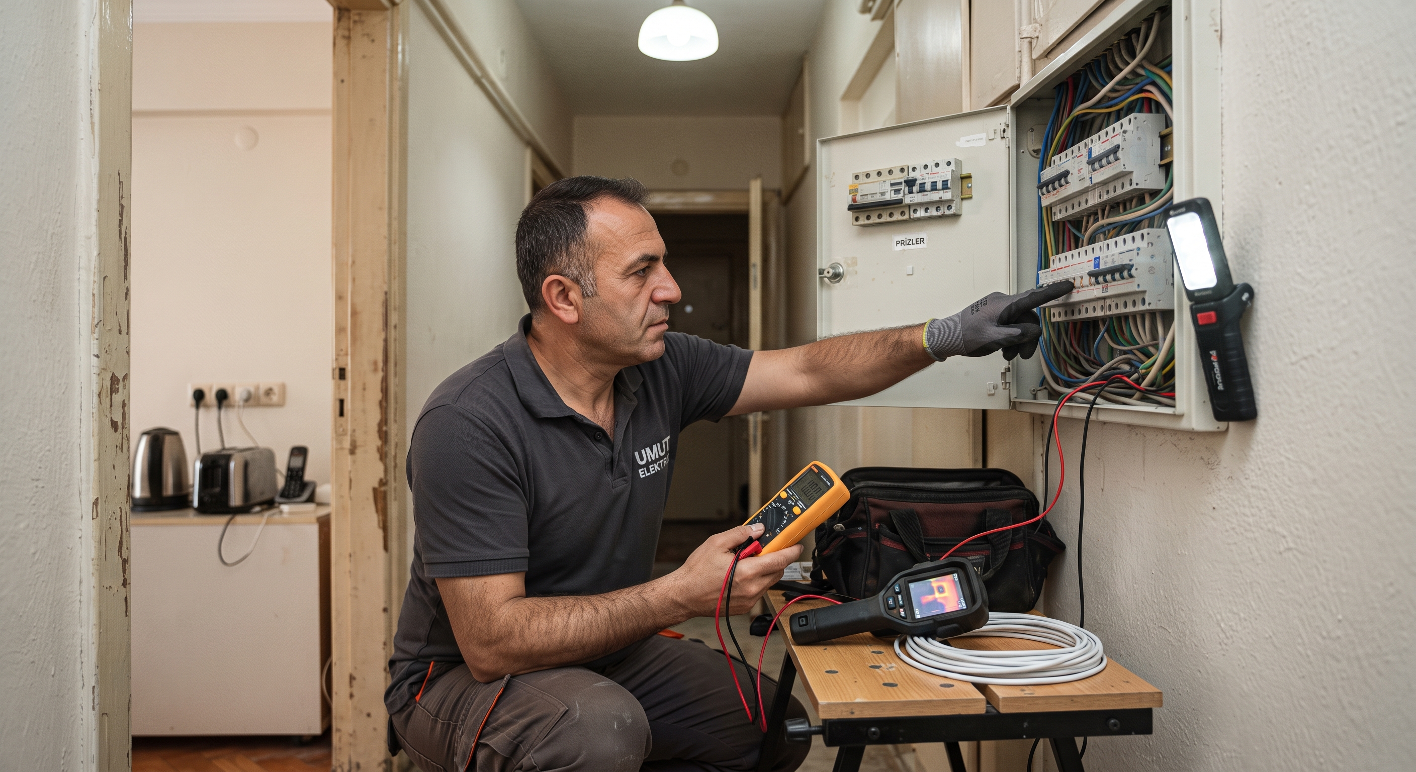 Ankara'da bir evde sürekli sigorta atması sorununun profesyonel elektrikçi tarafından dijital multimetre ve termal kamera ile incelenmesi.