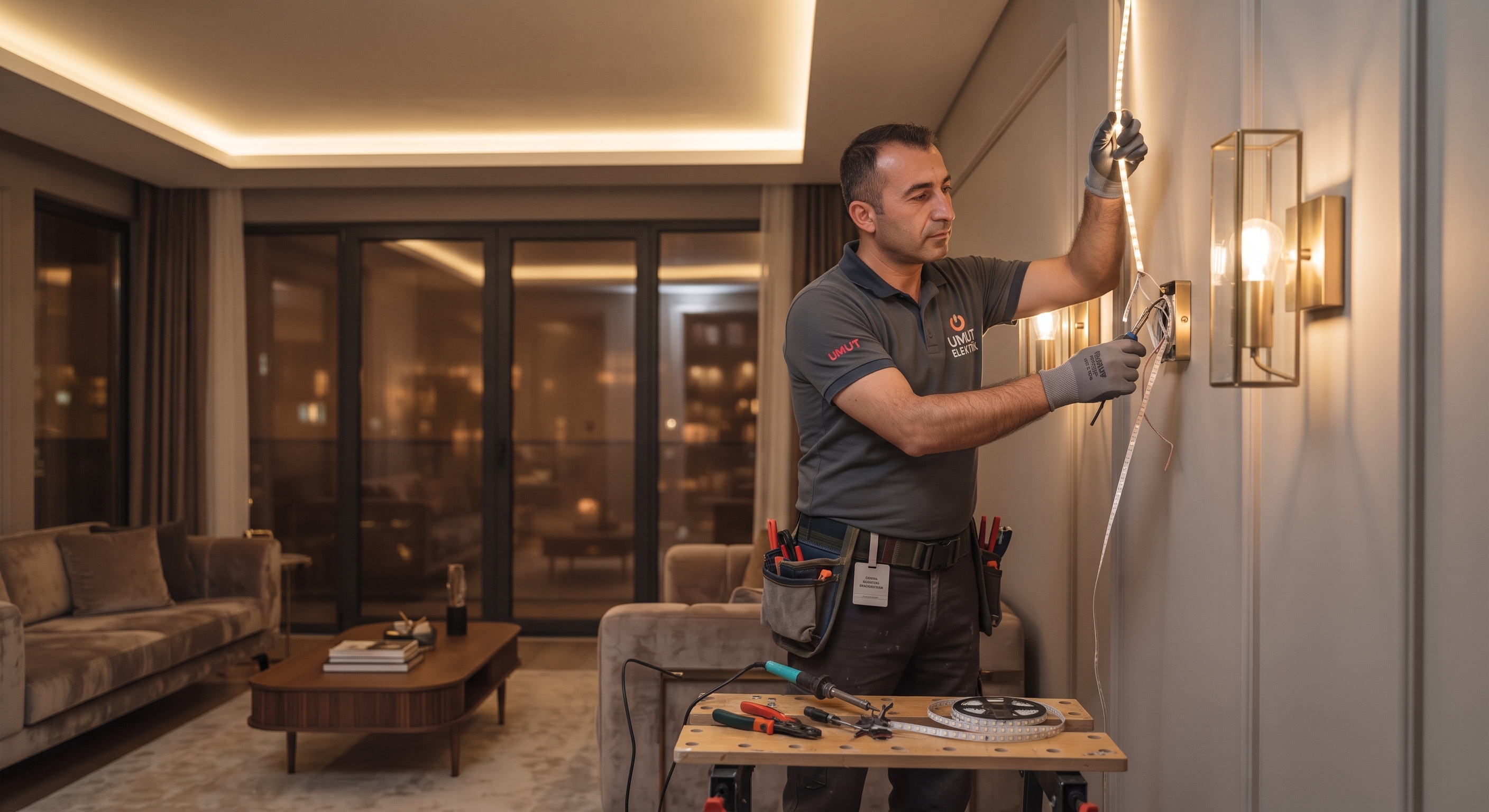 Salon ve koridorlarda estetik ve tasarruflu ortamlar yaratmak için doğru Kelvin değerinde LED şerit ve spot aplik montajı yapan elektrikçi.
