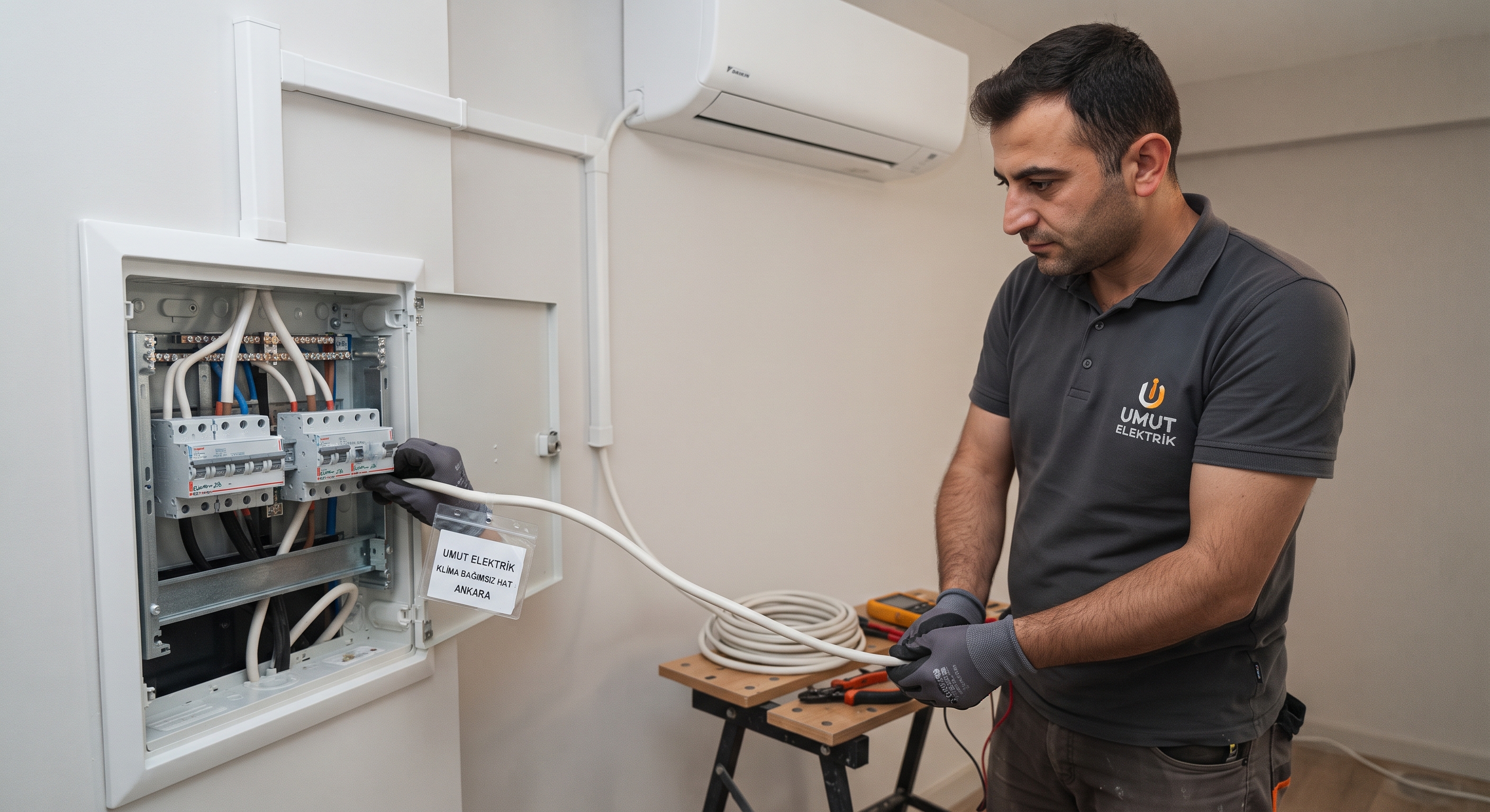 Ankara'da profesyonel elektrikçi tarafından yüksek amperli inverter klima için ana panodan çekilen özel sigortalı ve topraklı bağımsız besleme hattı kurulumu.